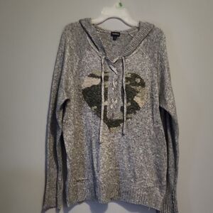 Torrid Gray V-Neck Sweater with Camouflage Heart